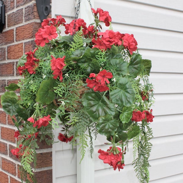 Silk Hanging Plant - Red Geranium with long greens