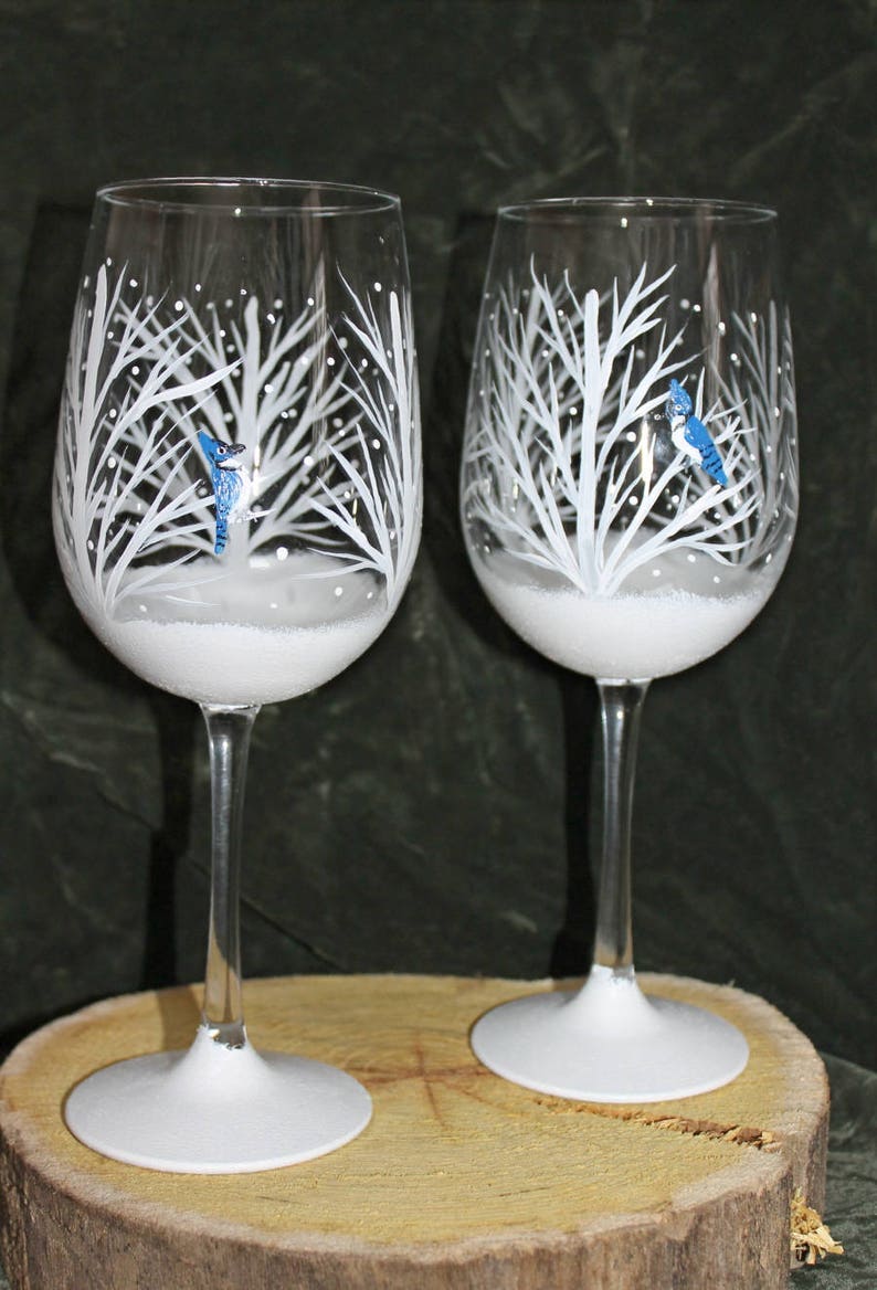 Hand Painted Wine Glasses Winter Snow Set of 2 image 4