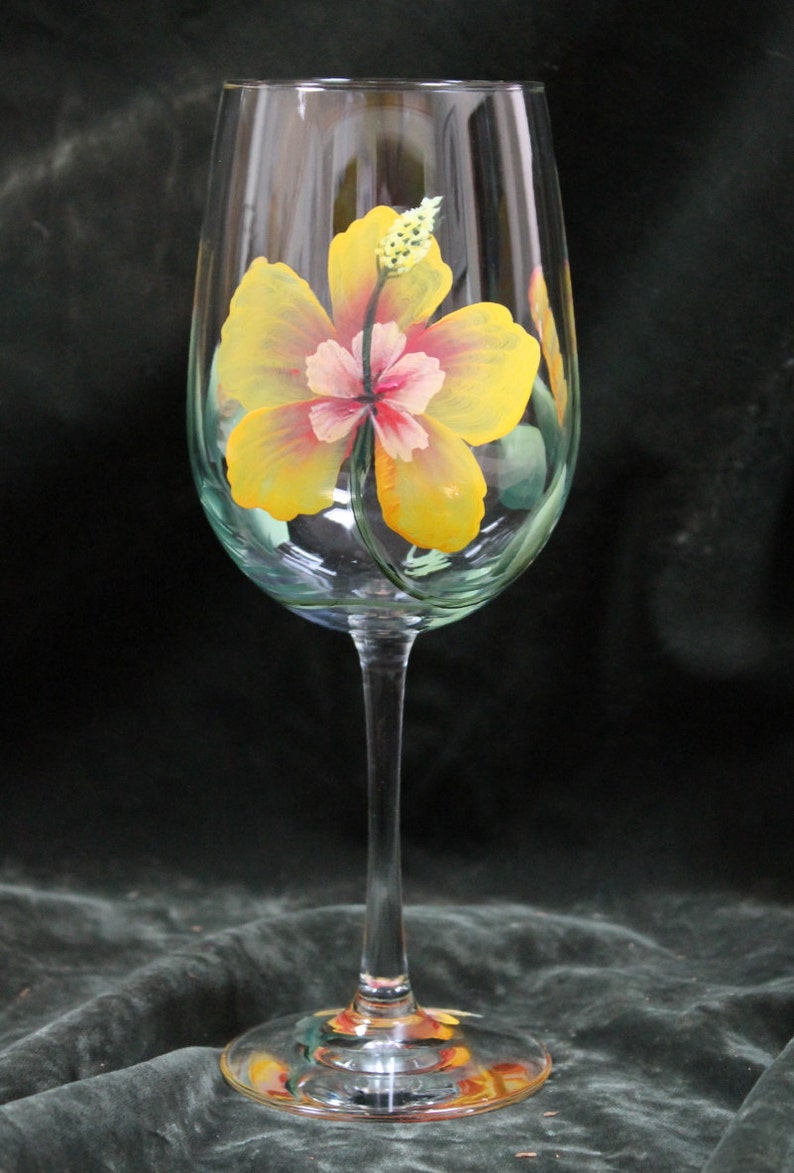 Hand Painted Wine Glasses Yellow Hibiscus set of 2 Etsy