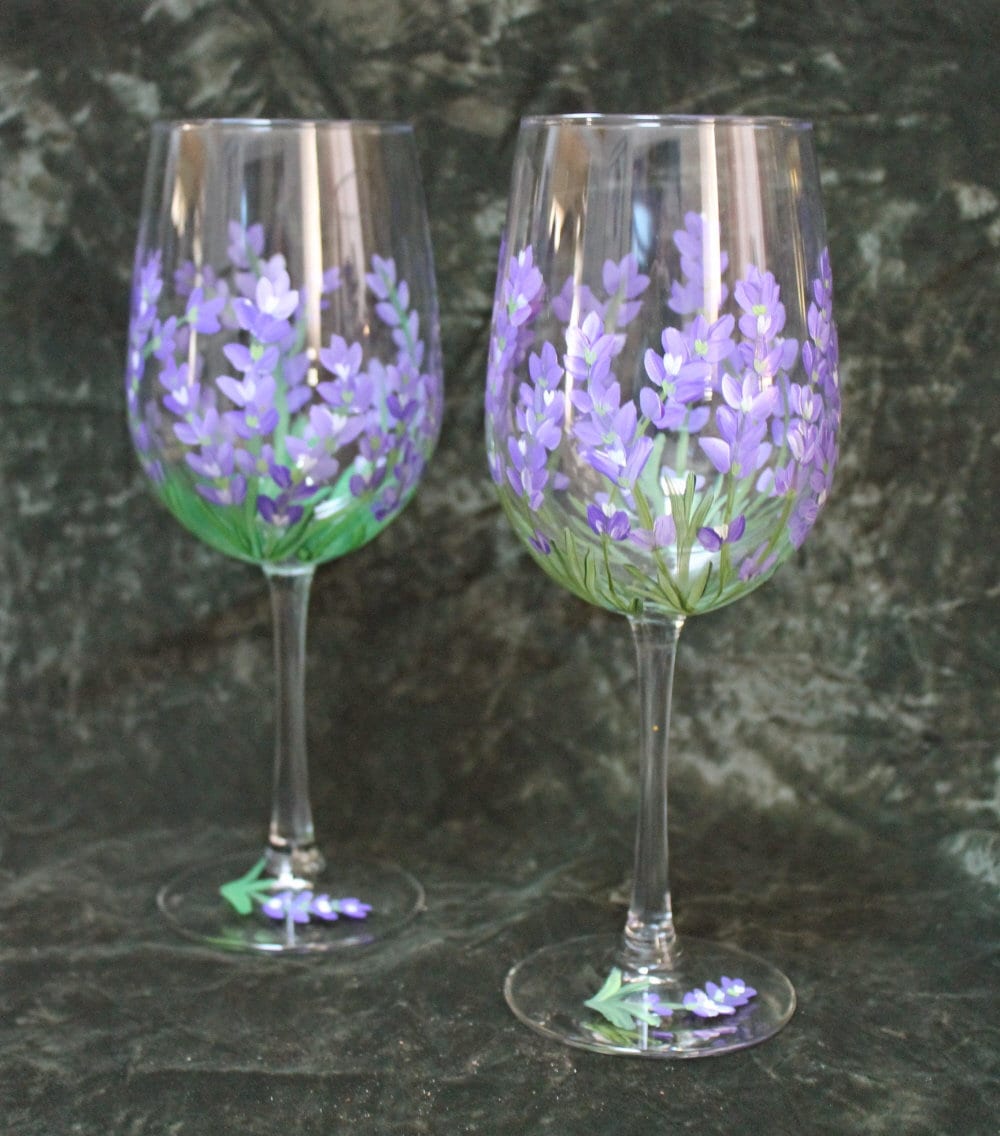 Hand Painted Lavender Flower Stemless Wine Glasses - Set of 4 - 15 ounce