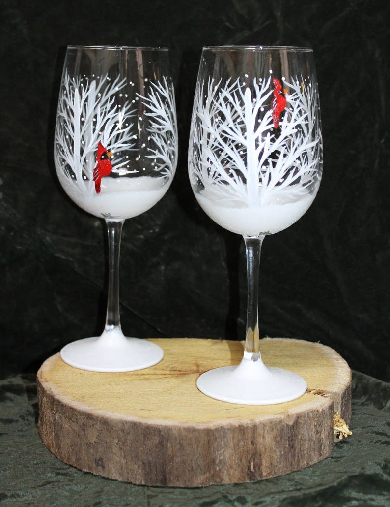 Hand Painted Wine Glasses Winter Snow Set of 2 image 7