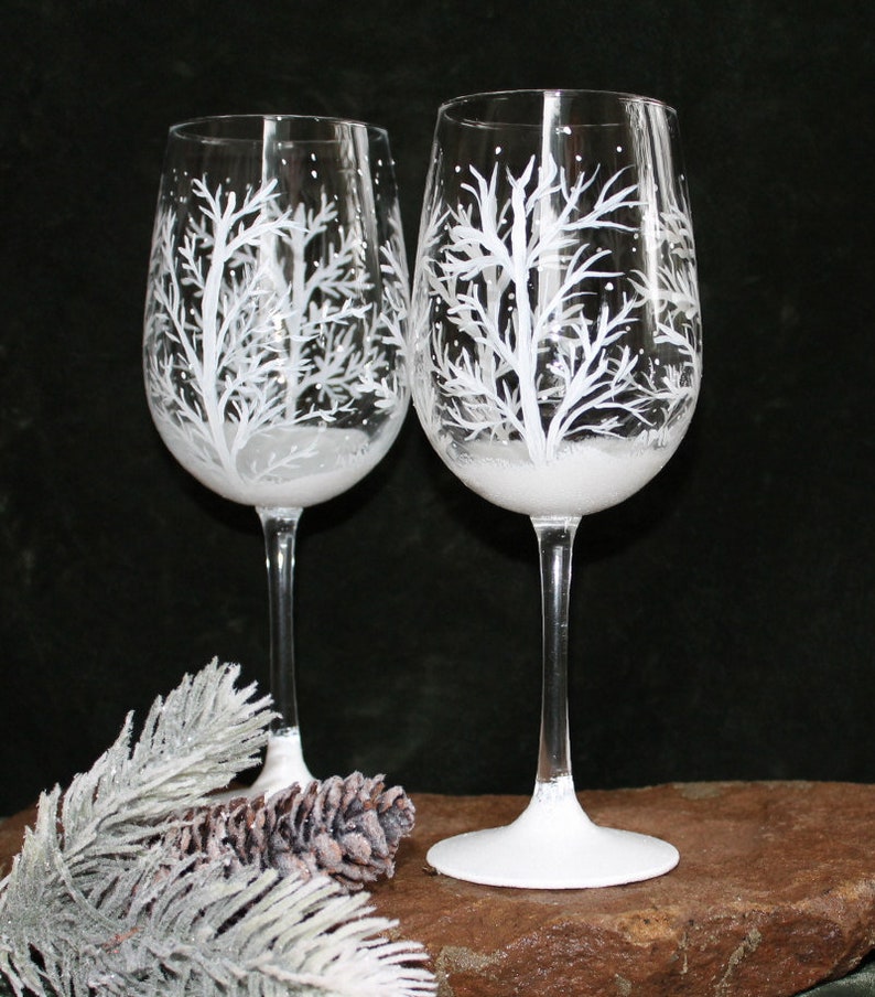 Hand Painted Wine Glasses Winter Snow Set of 2 image 1