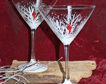 Hand Painted Martini Glasses - Winter Snow with Cardinal (Set of 2)