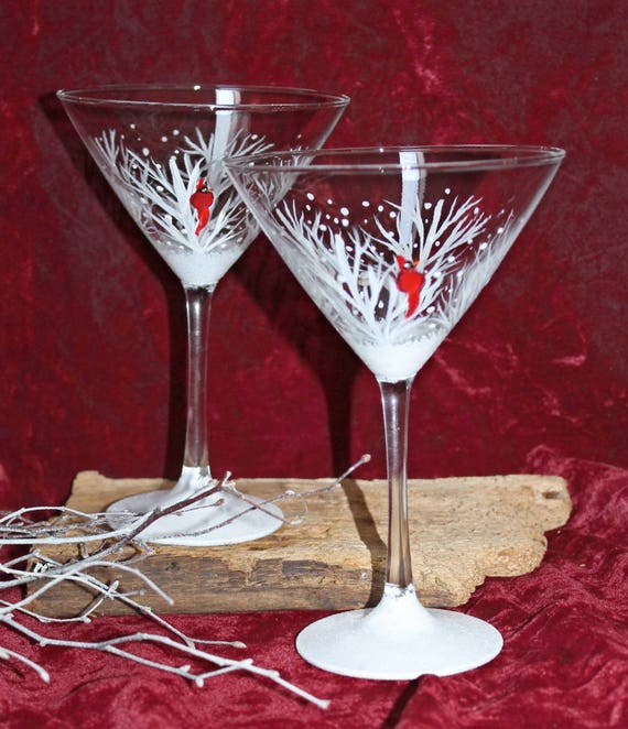Hand Painted Martini Glasses Winter Snow With Cardinal set of 2 