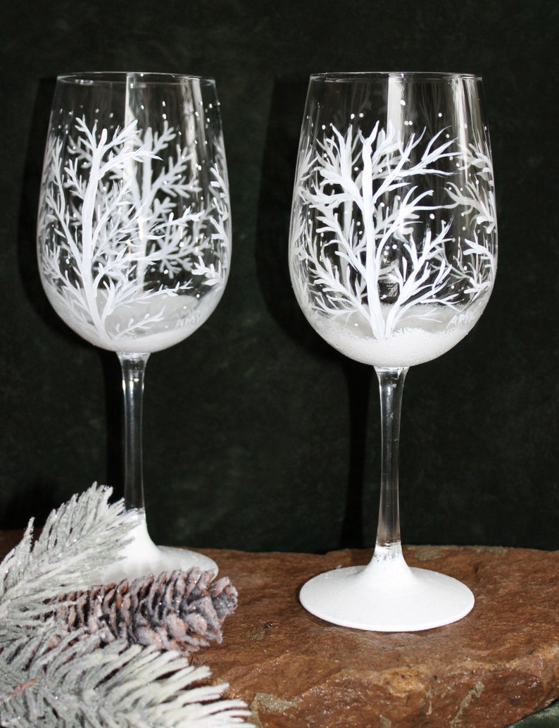 Hand Painted Wine Glasses Winter Snow Set of 2 image 2