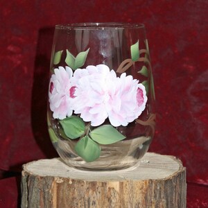 Hand Painted Stemless Wine Glasses Set of 2 Soft Pink Roses image 2