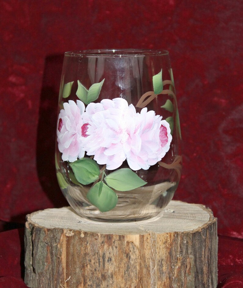 Hand Painted Stemless Wine Glasses Set of 2 Soft Pink Roses image 2