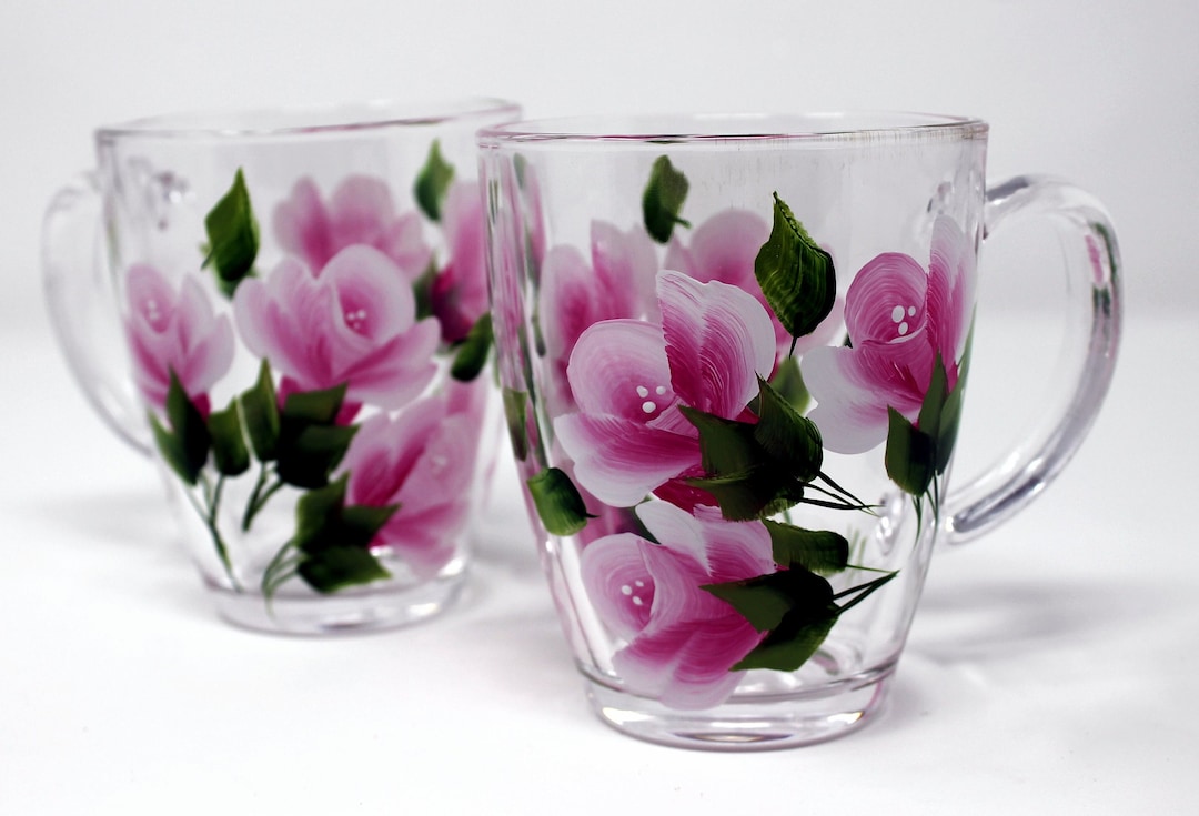 Hand Painted Hot Beverage Mugs Pink and White Roses set of Etsy