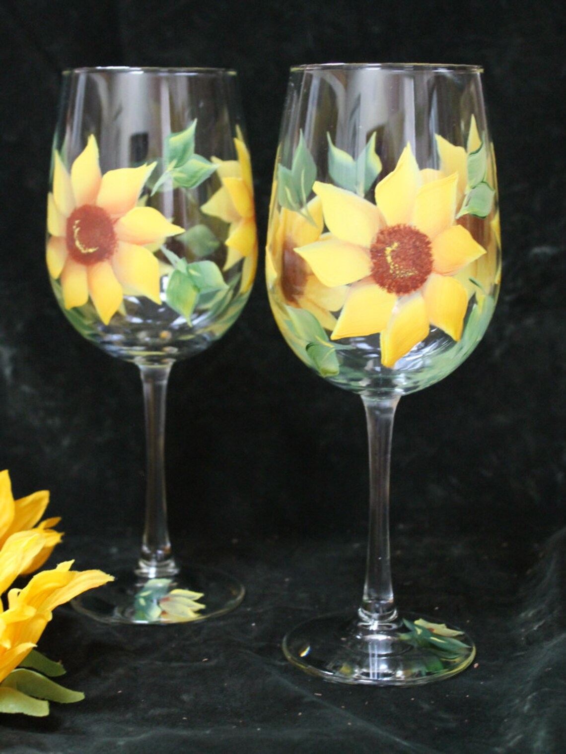 Hand Painted Wine Glasses Sunflowers Yellow set of 2 Etsy