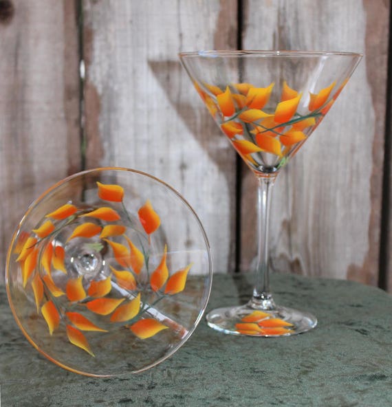 Hand Painted Martini Glasses Fall Leaves set of 2 