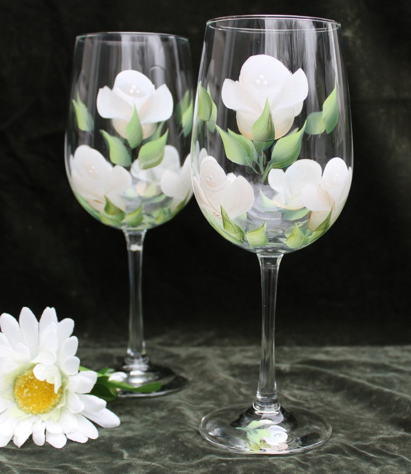 Hand Painted Wedding Wine Glasses - White With Gold Trim Roses (set of ...