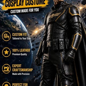 May include: A black leather cosplay costume featuring gold accents, a chest emblem with a skull, a utility belt, and a cape. The text reads HELLDIVERS COSPLAY COSTUME CUSTOM MADE FOR YOU, CUSTOM FIT, 100% LEATHER, EXPERT CRAFTSMANSHIP, BE THE LEGEND ON EVERY MISSION.