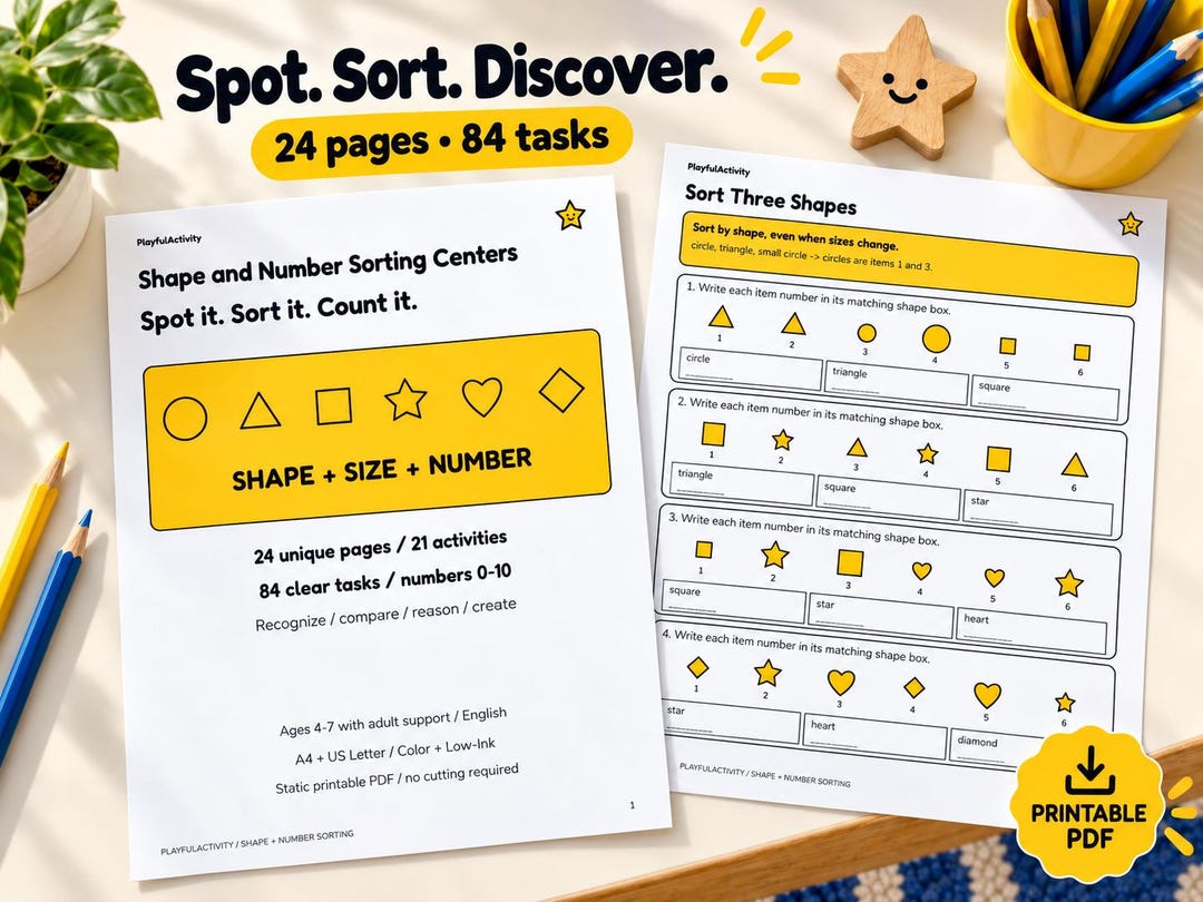 Shape Number Chart Shape & Number Sorting Worksheets: 21 Kindergarten Math Center ...
