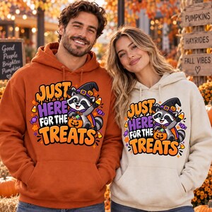 Halloween Raccoon Hoodie - Just Here for the Treats, Pumpkin & Candy Graphic
