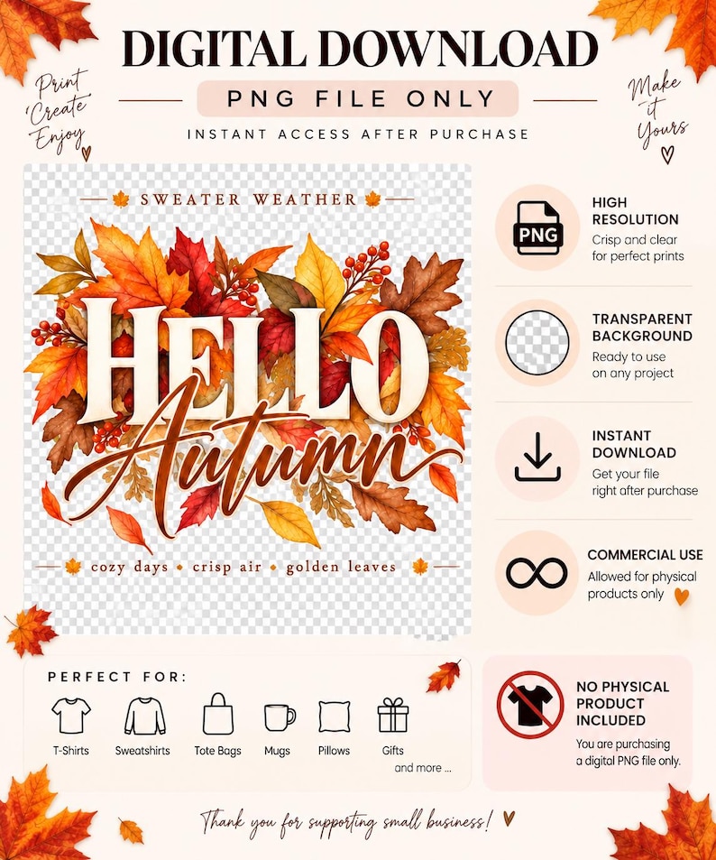 Hello Autumn PNG, Fall Sublimation Design, Autumn Leaves Shirt Graphic ...
