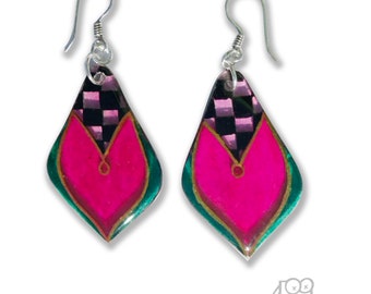 Pink and Green Harlequin Drop Earrings by OneDeadFly