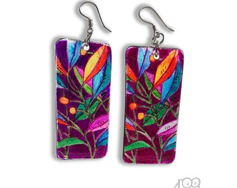Purple Fall Leave Rectangle-  Drop Earrings by ONE DEAD FLY