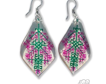 Pink and Green Snowflake Drop Earrings by OneDeadFly