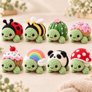 May include: Eight small, crocheted turtle figurines with light green bodies and black eyes. Each turtle features a unique shell design: a ladybug, a bee, a cactus, a donut, a cupcake, a rainbow, a panda, and a red mushroom with white spots.