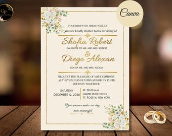 Ivory Gold Floral Wedding Invitation Template, Editable Canva Wedding Invite