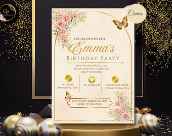 Elegant Pink Floral Birthday Invitation, Editable Canva Template, Gold Butterfly Birthday Invite, Luxury Feminine Party Invitation