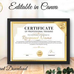 May include: A certificate of professional training template in a black frame with gold border accents. The text reads Certificate of Professional Training, Recipient Name, and includes placeholders for a date, logo, and signature on a white background.