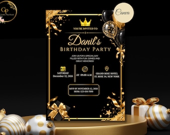 Invitación de cumpleaños en oro negro, plantilla editable de Canva, invitación de lujo para fiestas (descarga digital)