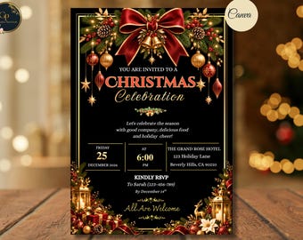 Elegante invito per le feste di Natale in nero e oro (modello Canva modificabile)