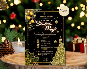 Elegant Black Gold Christmas Party Invitation | Editable Canva Template (Digital Download)
