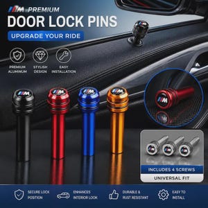 May include: A set of four cylindrical car door lock pins featuring the M logo on the top. The pins are available in black, red, blue, and gold metallic finishes. The image includes text labels such as Premium Door Lock Pins, Upgrade Your Ride, and Includes 4 Screws, showcasing the product installed in a vehicle door panel.
