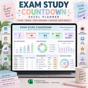 以下が含まれることがあります： ノートパソコンの画面に表示されたExcel試験勉強カウントダウンプランナー。カラフルなグラフ、進捗バー、タスクリストが特徴です。インターフェースには試験日、学習時間、タスク状況のセクションが含まれており、マグカップとペンが近くに置かれています。