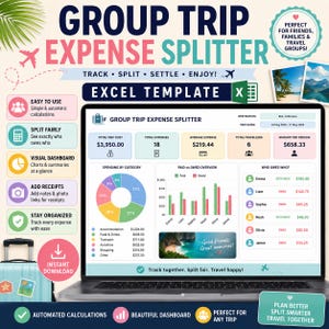 May include: A digital Group Trip Expense Splitter Excel template displayed on a laptop screen. The dashboard features a pie chart, bar graphs, and a list showing who owes who. Text includes Group Trip Expense Splitter, Track, Split, Settle, Enjoy.