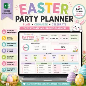 May include: An Excel spreadsheet Easter party planner displayed on a laptop screen. The interface features sections for budget tracking, guest lists, RSVP status, menu planning, and task management, decorated with pastel colors and bunny illustrations.
