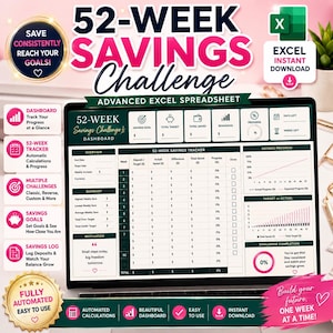 May include: A 52-week savings challenge Excel spreadsheet displayed on a laptop screen. The interface features a dashboard, a weekly tracker table with columns for deposits and progress, and graphical charts showing savings progress and target versus actual data.