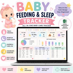 Peut inclure: Un suivi numérique de l'alimentation et du sommeil de bébé affiché sur un écran d'ordinateur portable. L'interface présente des graphiques colorés, des tableaux pour suivre les repas, le sommeil et les couches, avec le texte Baby Feeding & Sleep Tracker.