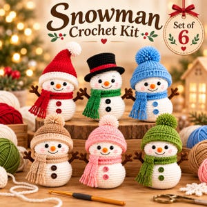 May include: A set of six crocheted snowman figures, each wearing a unique colored hat and scarf with matching buttons. The top row features red, black, and blue themes, while the bottom row includes tan, pink, and green. Text reads Snowman Crochet Kit Set of 6.