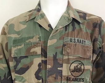 Vintage US Navy Seabees Camouflage Shirt Jacket size Small Short with Patches