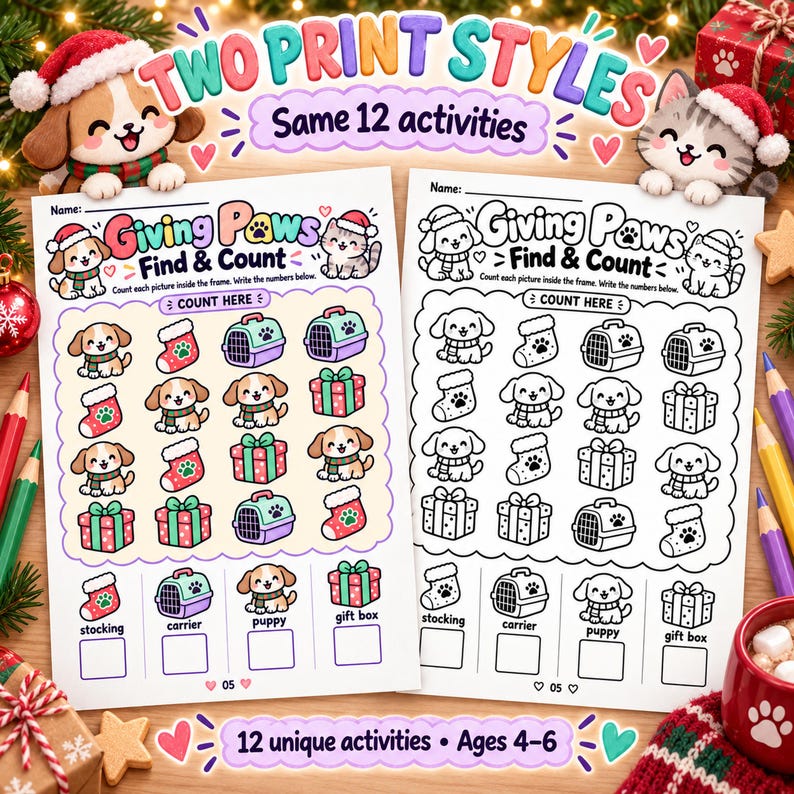 Christmas Animal Shelter Find & Count Worksheets | Preschool Holiday ...