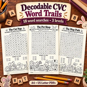 May include: Three educational activity sheets titled Decodable CVC Word Trails featuring word search puzzles with animal illustrations. Each sheet includes a grid of letters, a list of words to find, and a space for a name. Two yellow pencils are placed below.