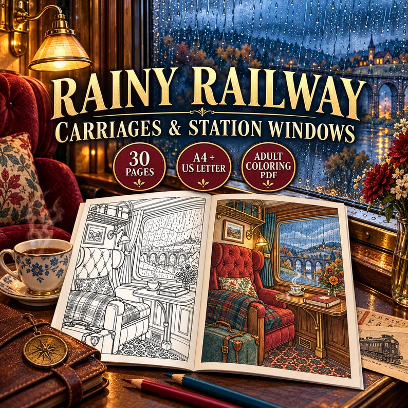 Rainy Railway Adult Coloring Pages, 30 Train Station Scenes (PDF) - Etsy