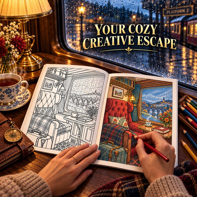 Rainy Railway Adult Coloring Pages, 30 Train Station Scenes (PDF) - Etsy