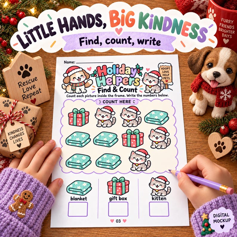Christmas Animal Shelter Find & Count Worksheets | Preschool Holiday ...