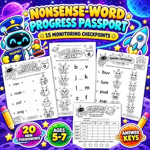 May include: A Nonsense-Word Progress Passport educational activity set featuring three black and white worksheets with alien-themed phonics exercises, including Vowel Stamp Check and Reading Checkpoint, plus a tracking sheet for ages 5-7.