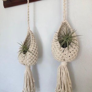 Può includere: Due portapiante in macramè color bianco sporco realizzati in corda annodata, ciascuno dotato di una tasca a forma di goccia che contiene una pianta aerea verde spinosa. I supporti includono una lunga corda intrecciata e una frangia spessa.