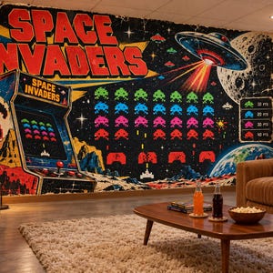 May include: A large wall mural featuring the Space Invaders video game title in bold red letters, a classic arcade cabinet, rows of colorful pixelated alien enemies, a flying saucer, a moon, and a point value chart on a dark starry background.