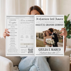 Può includere: Un giornale di nozze personalizzato intitolato Il Corriere dell'Amore con un gioco di parole, una foto degli sposi, il testo OGGI È IL GRANDE GIORNO e i nomi Giulia e Marco. Il layout include colonne con i dettagli del corteo nuziale.