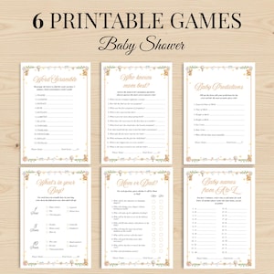 Può includere: Un set di sei giochi stampabili per baby shower con un bordo di orsacchiotti marrone chiaro e mongolfiere. I fogli includono Word Scramble, Who knows mom best, Baby Predictions, What's in your bag, Mom or Dad e Baby names from A to Z.
