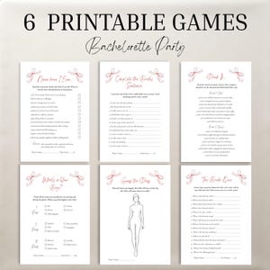 Può includere: Un set di sei carte da gioco stampabili per addio al nubilato con testo nero e illustrazioni di nastri rossi. I giochi includono Never Have I Ever, Complete the Bride's Sentence, Drink If, What's in Your Bag, Guess the Dress e The Bride Quiz.