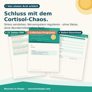 Könnte beinhalten: Ein digitales Dokument mit dem Titel Schluss mit dem Cortisol-Chaus, bestehend aus einem 21-seitigen PDF, einem 4-Wochen-Programm und Sofort-Download-Optionen. Die Seiten enthalten deutschen Text, strukturierte Tabellen und grüne Akzente.