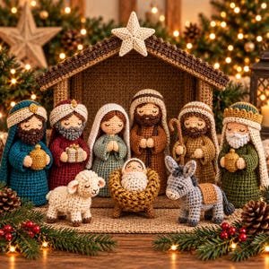Könnte beinhalten: Ein gehäkeltes Krippenset mit Figuren von Maria, Josef, dem Jesuskind in einer Krippe, drei Weisen, einem Schaf und einem Esel, unter einem braunen gehäkelten Stall, der von einem weißen gehäkelten Stern gekrönt wird.